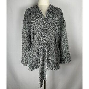 Eileen Fisher Organic Cotton Belted Kimono Cardigan L Black White Wrap Sweater
